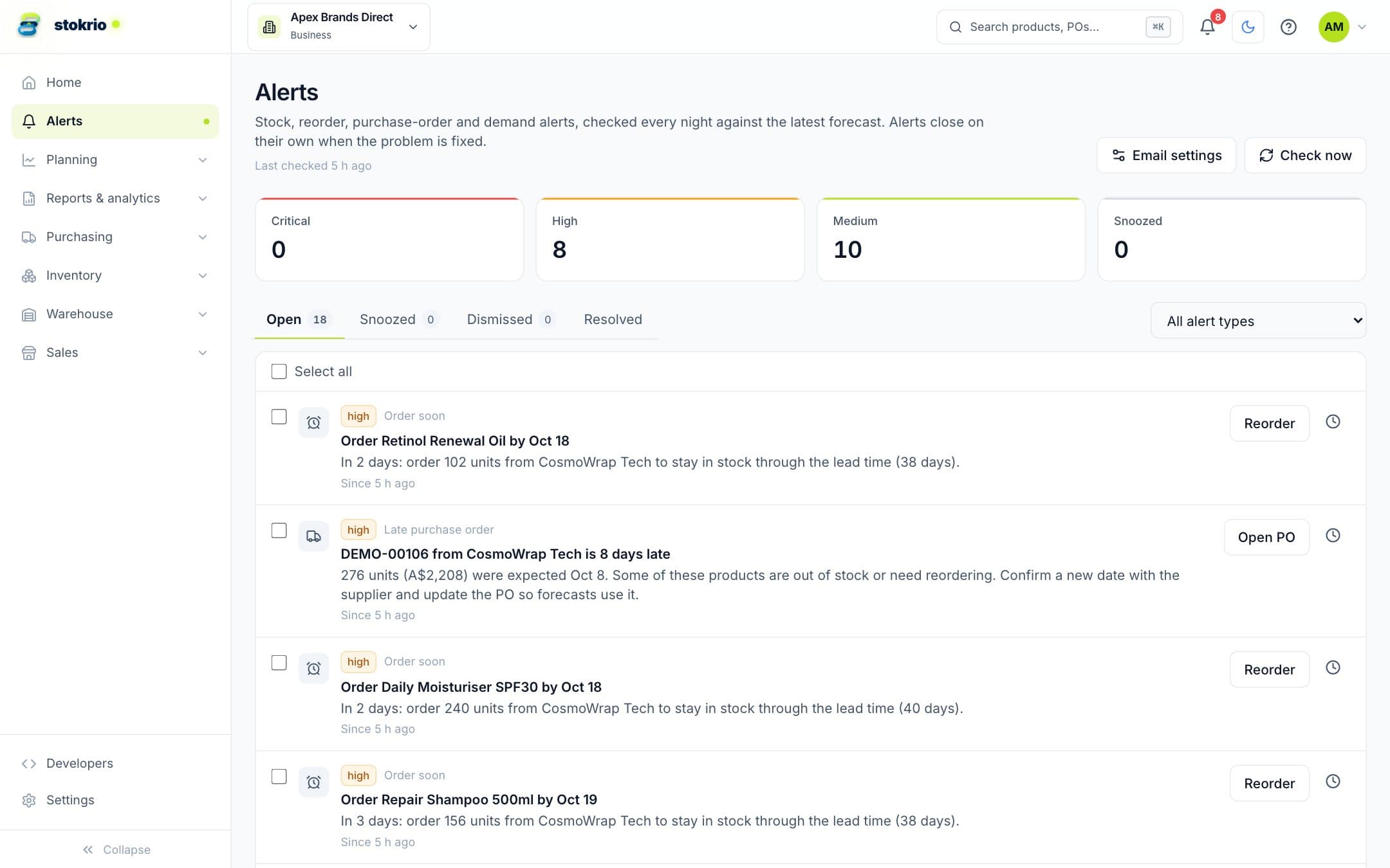 Alerts list with reorder, out of stock and late purchase order alerts by severity