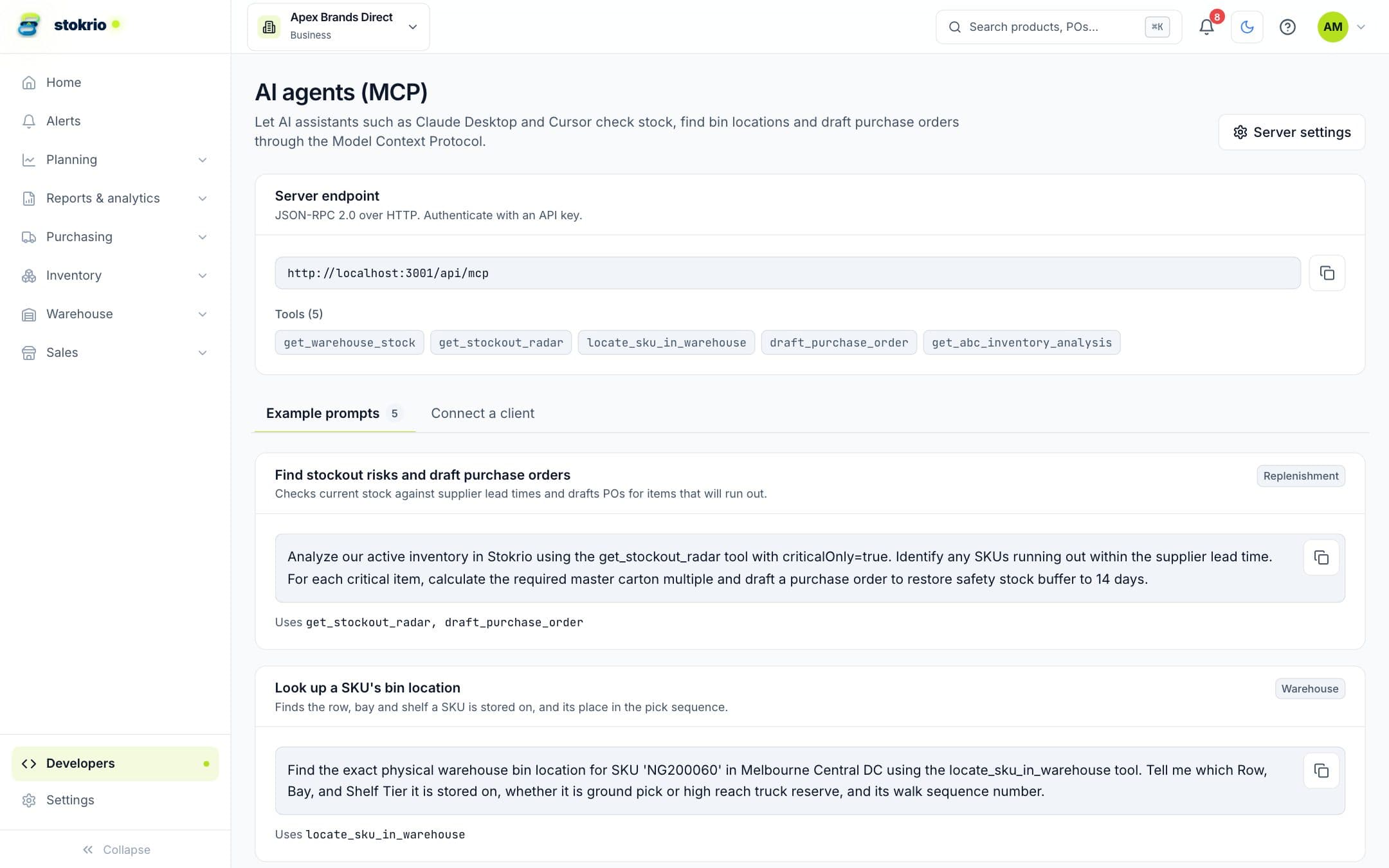 AI agents (MCP) page with the server endpoint, tools and example prompts