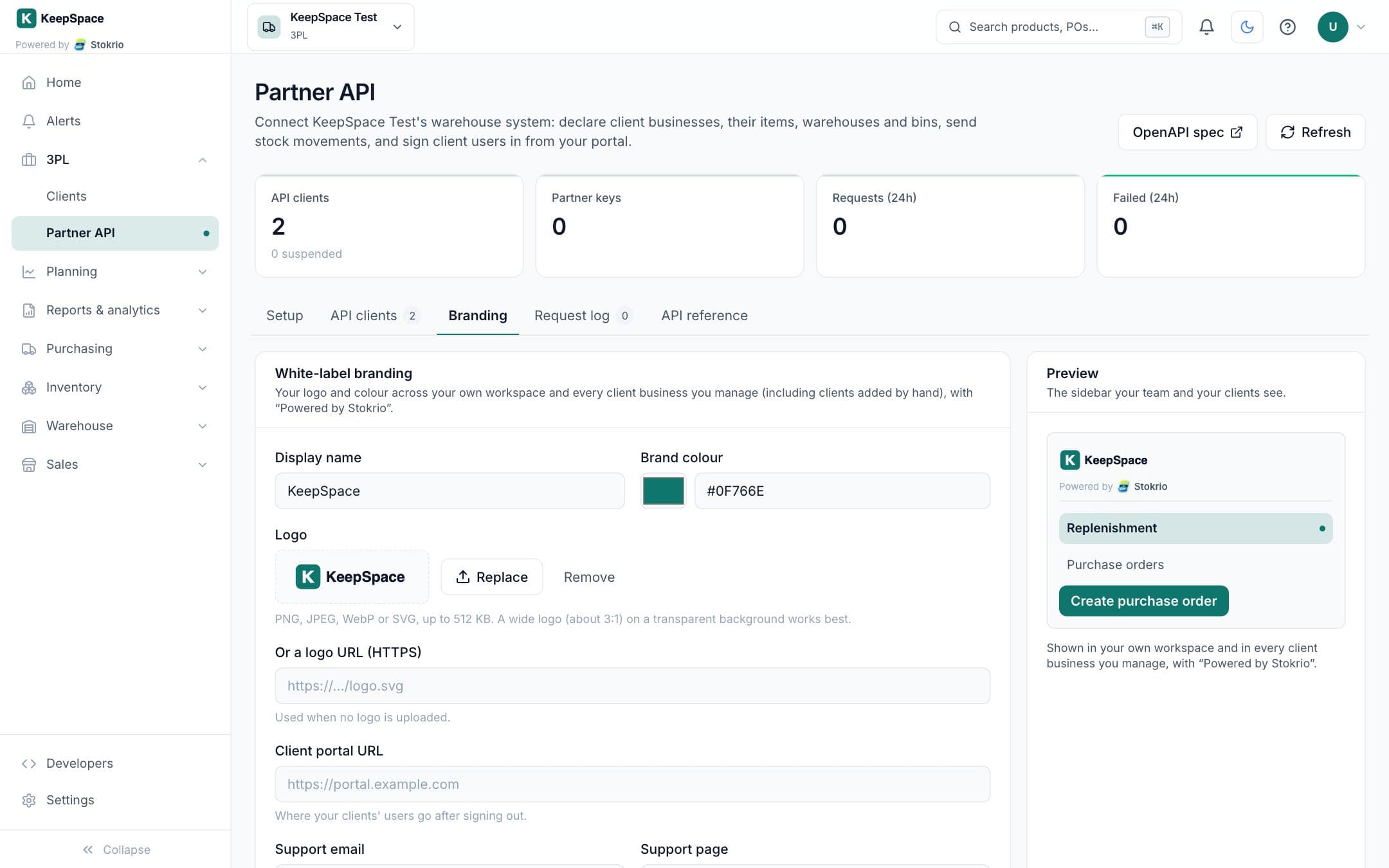 White-label branding settings with uploaded 3PL logo and sidebar preview